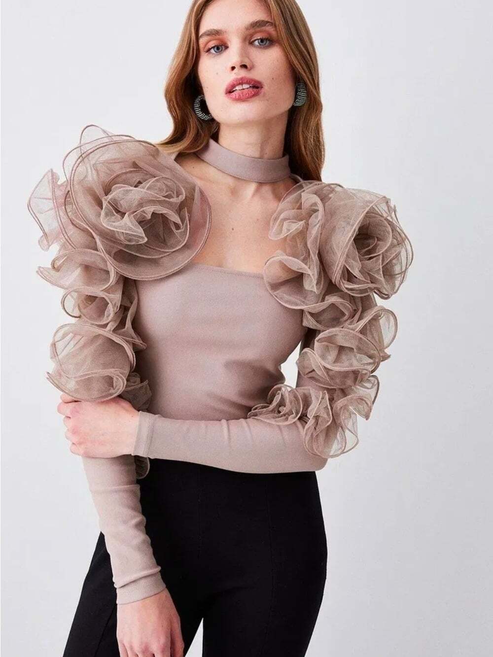 New Karen Millen Womens Tulle Detail Ponte Bodysuit Taupe Ruffle Sleeve Top US 6